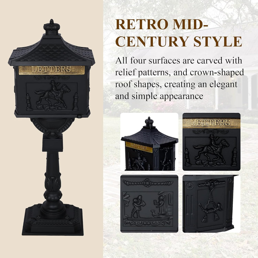Mailbox, Heavy Duty Cast Aluminum Postal Box, Mail Box with 2 Keys for Courtyard Villa Decoration - Black