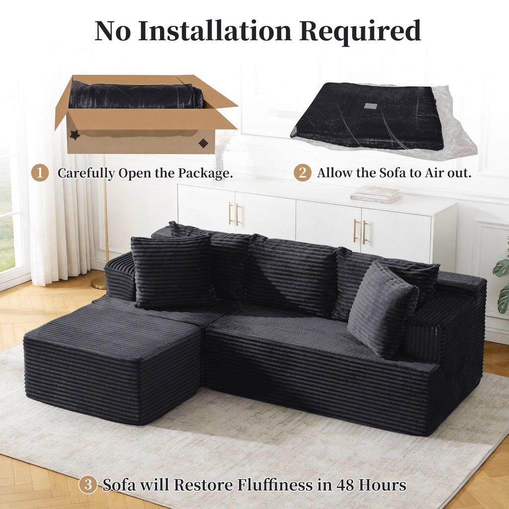 Cloud Modular Sectional Sofa with L-Shaped, Boneless Couches, Fluffy Comfy Corduroy Deep Seat with Ottoman, Bedroom