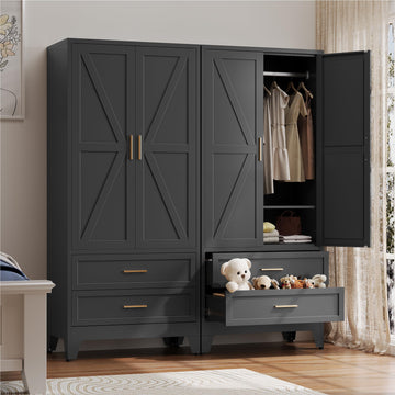 Metal Wardrobe Cabinet with Hanging Rod, 71" Armoire Wardrobe Closet with Adjustable Shelves, Farmhouse Steel Clothing