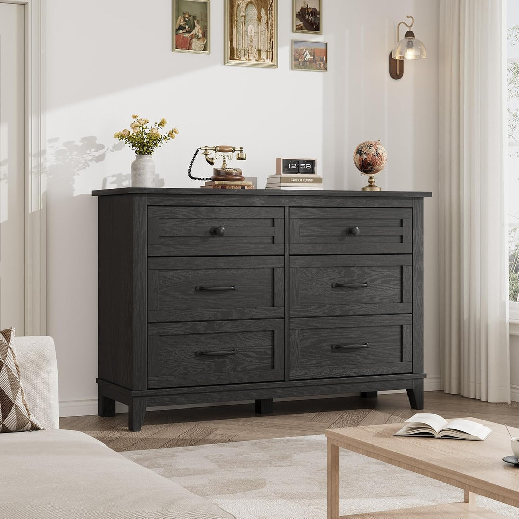 6 Dresser , 47 in Wide Drawer Dresser with Storage Freestanding, Wooden Closet Storage Chest , Dark Black