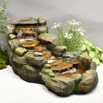 Garden Outdoor Water Fountain, 42.1" L Floor Standing Tiered Rock Outdoor Fountains with LED Lights and Pump
