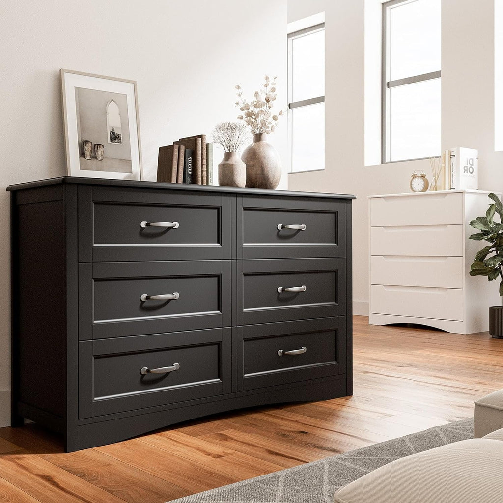 6 Drawer Dresser ,47'' Larger Chest of Drawers with Mental Handle for Kids Room, Black Dresser with 6 Storage Drawers