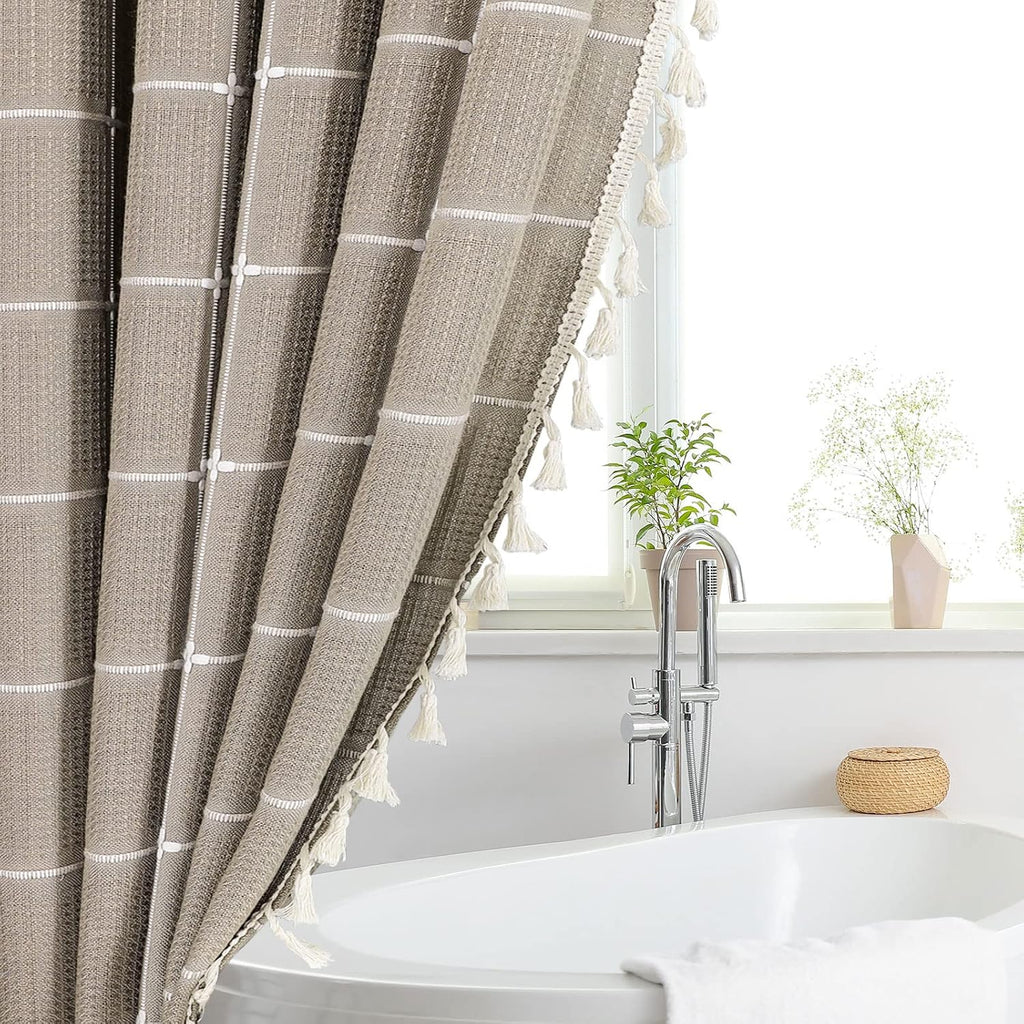 Taupe Boho Farmhouse Shower Curtain with Tassels, Rustic Bohemian Modern Bathroom Decor Heavy Thick Textured Fabric