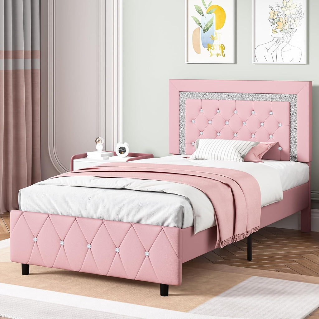 Twin Bed Frame with Headboard, Princess Twin Bed Frames for Kids | Faux Leather Upholstered Bed with Diamond Tufted