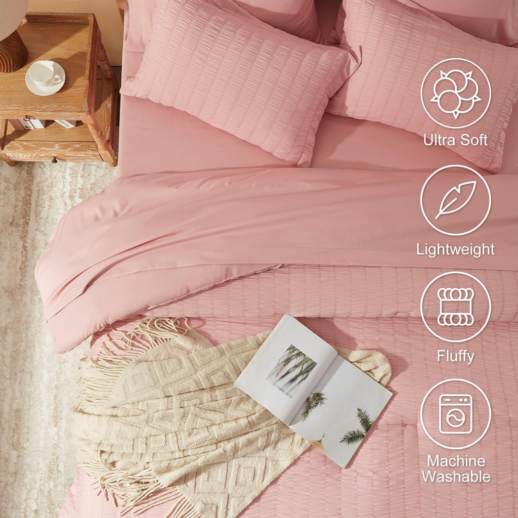Comforter Sets 7 Pieces, Pink Seersucker Bed in a Bag Set, All Season Luxury Bedding Sets with Comforter