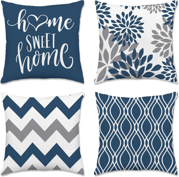 Geometric Blue Pillow Covers 18x18 Set of 4, Decorative Outdoor Boho Modern Throw Pillow Covers, Home Sweet Home