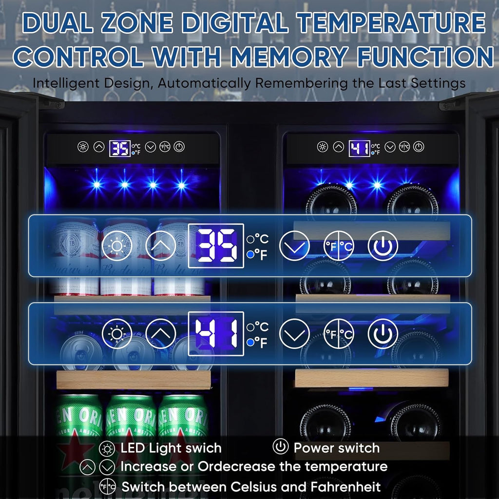 Wine and Beverage Refrigerator 24", Upgraded Dual Zone Wine Beverage Cooler with
