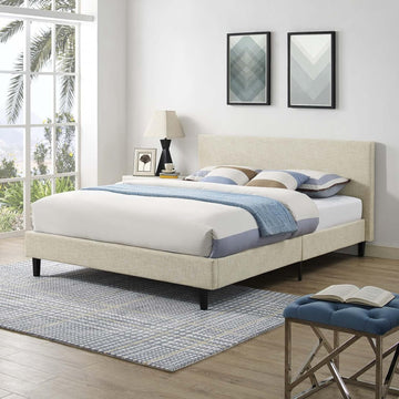 Anya Upholstered Beige Platform Bed with Wood Slat Support in Queen