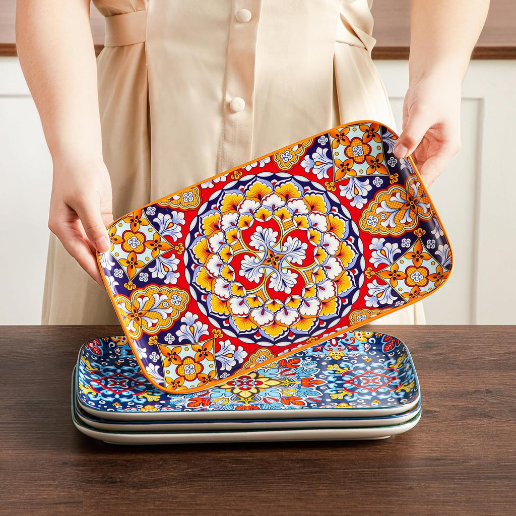 Serving Platters Set of 4, 12" x 7.4" Inch Rectangular Trays Large | Ceramic Serving Dish for Entertaining Food
