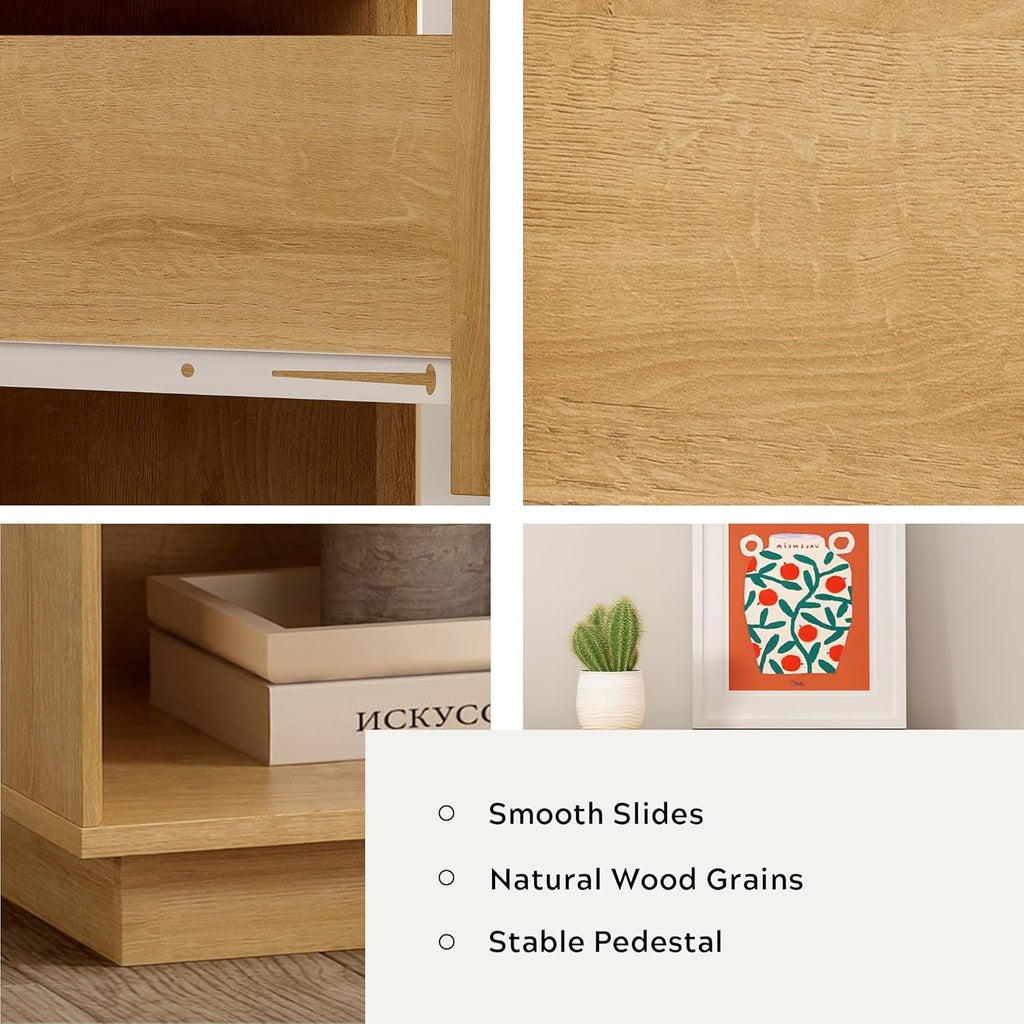 Wood End Side Table Modern Farmhouse Nightstand Bedside Cabinet with Storage Drawer and Open Shelf , Natural Oak