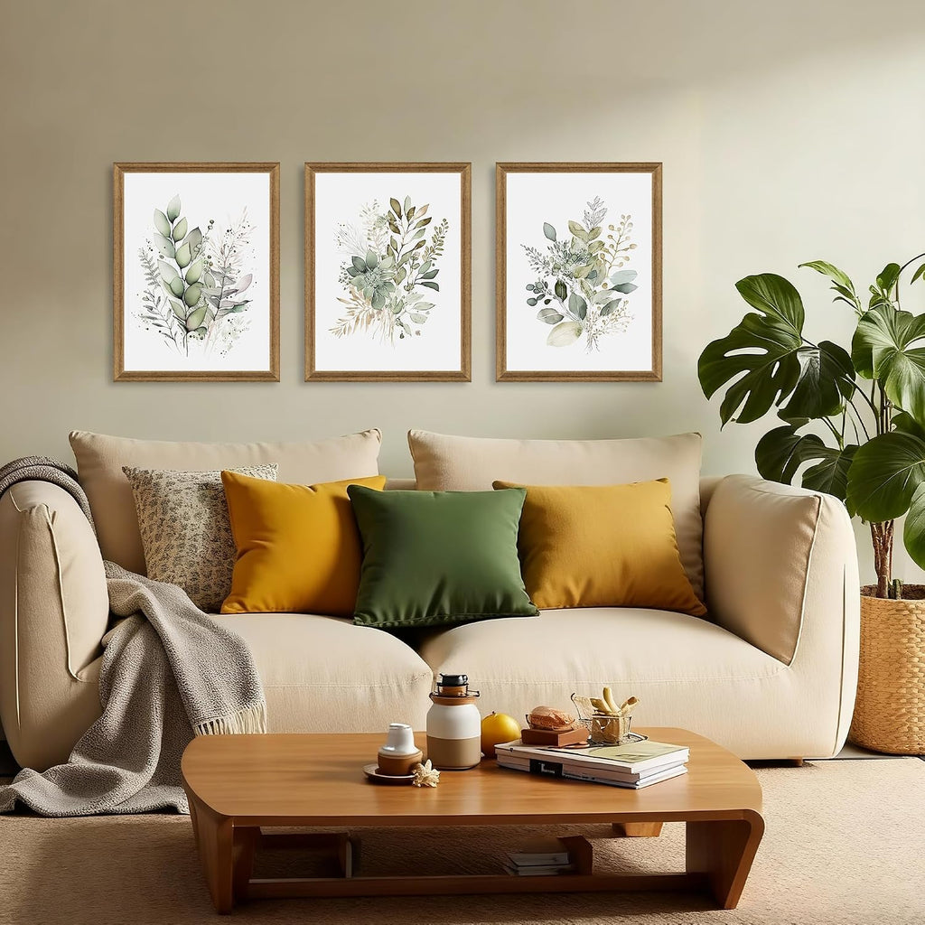 Framed Sage Green Botanical Wall Art Set of 3, Watercolor Eucalyptus & Wild Plant Canvas Prints, Minimalist Green