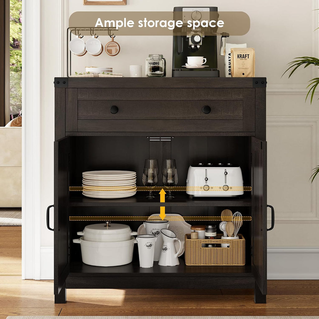 Kitchen Storage Cabinet, Farmhouse Coffee Bar Cabinet, Dark Brown | Small Buffet Cabinet with Doors & Wide Drawer