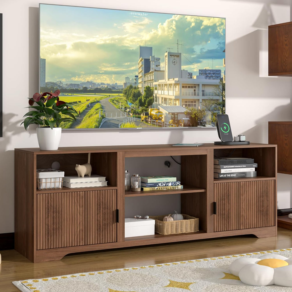 Fluted TV Stand for Tvs up to 80",Mid Century Modern TV Stand with Open Adjustable Shelf,Entertainment Center Wood TV