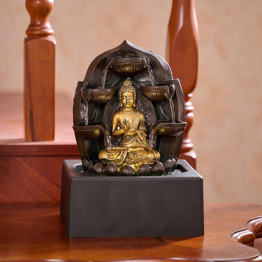 Tabletop Water Fountain Indoor Decor, Gold Buddha Statue with LED Light and Pump, Waterfall Fountain Indoor Zen Home