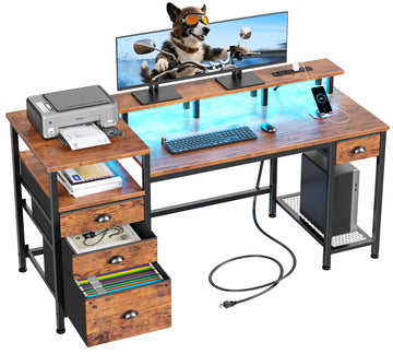 60" Computer Desk with 4 Drawers, Power Outlet, LED, Rustic Brown