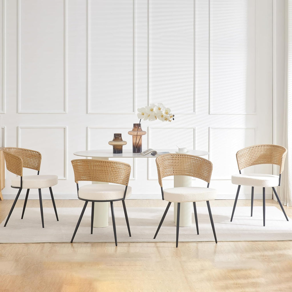 Rattan Dining Chairs Set of 4, Wicker Dining Chairs Set of 4 with PE Rattan Back,Wing Back Kitchen Chair with Boucle