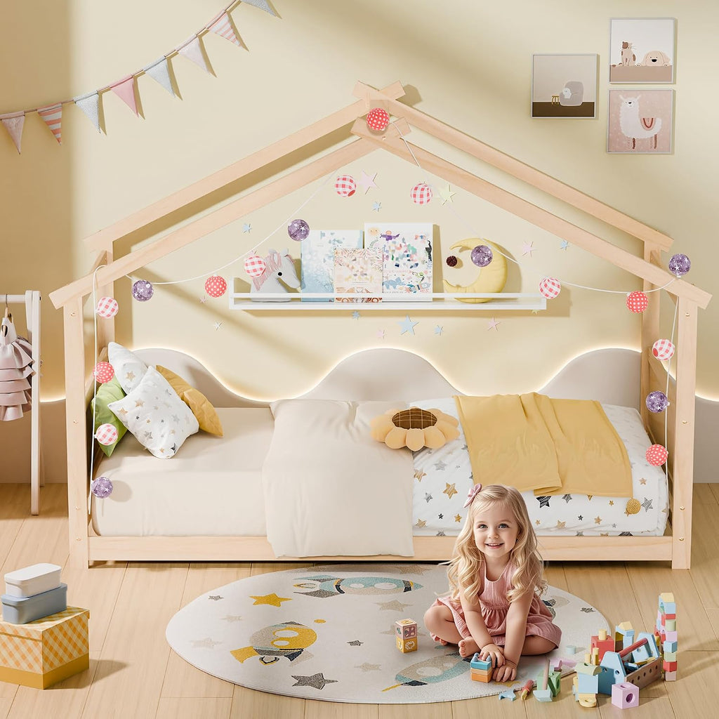 Tw Bed, Montessori Floor Bed with Headboard & Footboard, Solid Wood Bed Frame for Toddlers Kids Bedroom, Natural