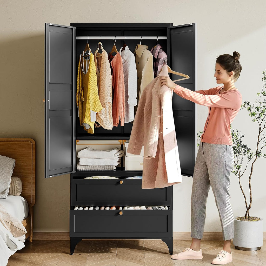 71" Tall Metal Wardrobe Closet with 2 Drawers, Steel Armoire Cabinet with Hanging Rod and Adjustable Shelves
