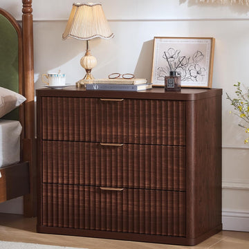 31" Wide Fluted Nightstand, Oversized Extra Large 3 Drawers Night Stand, Walnut Wood Bedside Table,Tall Bed Side End