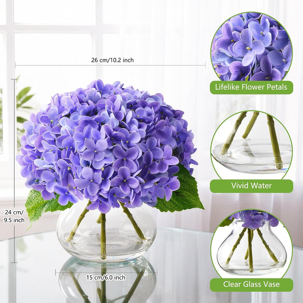 Real Touch Faux Hydrangea Flowers in Glass Vase, No Watering Needed Silk Hydrangea Artificial Flowers Wedding Decor