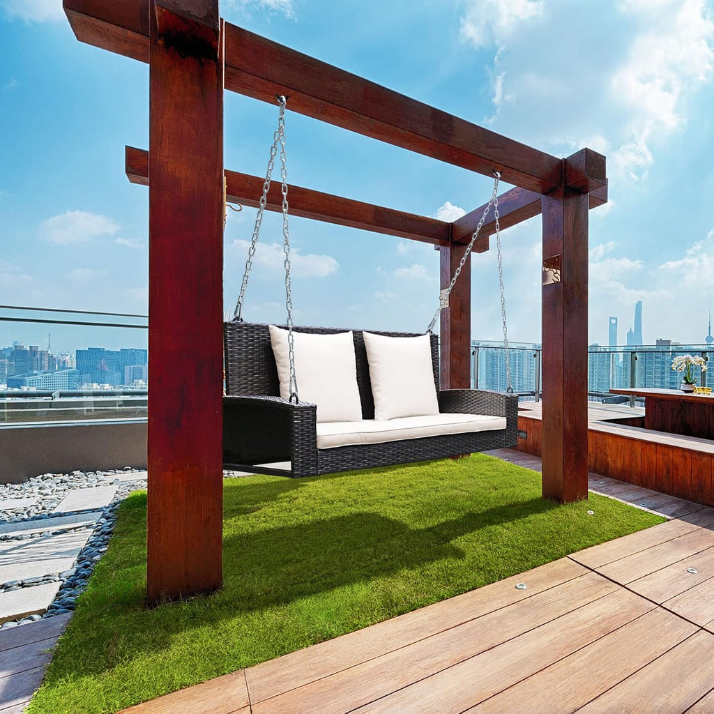 2-Person Wicker Porch Swing, Patiojoy Outdoor Rattan Hanging Swing Bench W/ 2 Back Cushions & 1 Seat Cushion, Sturdy