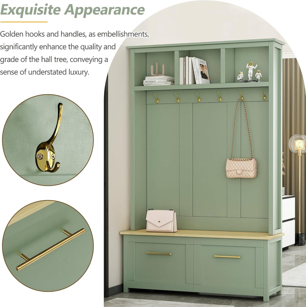 Versatile 4-in-1 Hall Tree with 6 Golden Hooks, Wood Grain Bench with Multiple Storage Space, Entryway Coat Rack with