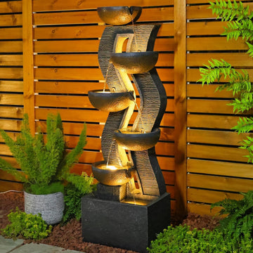 52.8" Tall Outdoor Water Fountain with Lights, 6-Tier Cascading Resin Waterfall Feature