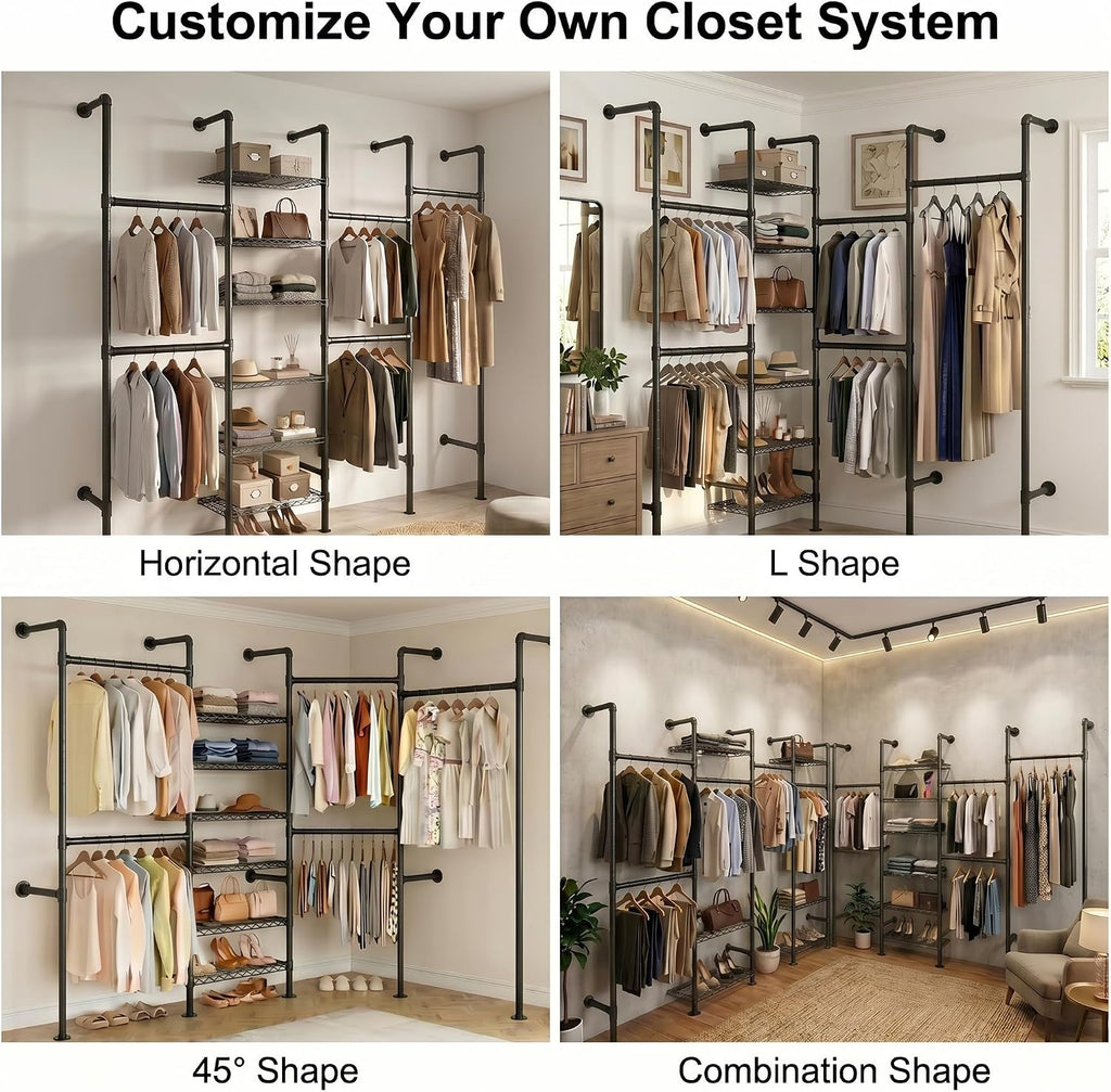 F4 Wall Mounted Closet System, Industrial Pipe Clothing Rack for Hanging Clothes, Heavy Duty Closet Organizer System