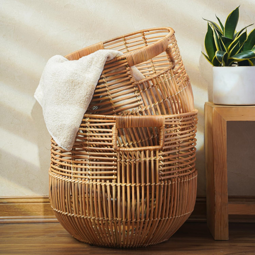 Set Of 2 Large Woven Blanket Baskets With Handles | Round Wicker Rattan Storage Floor Baskets for Shoe | Extra Big