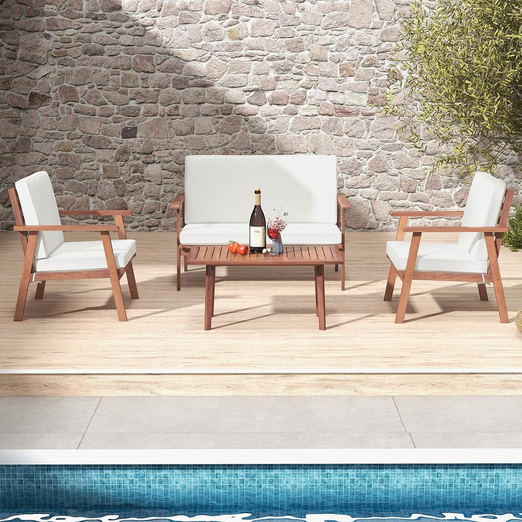 4 Piece Outdoor Conversation Set, Acacia Wood Sofa Set with Soft Seat & Back Cushions, Rectangle Coffee Table Patio