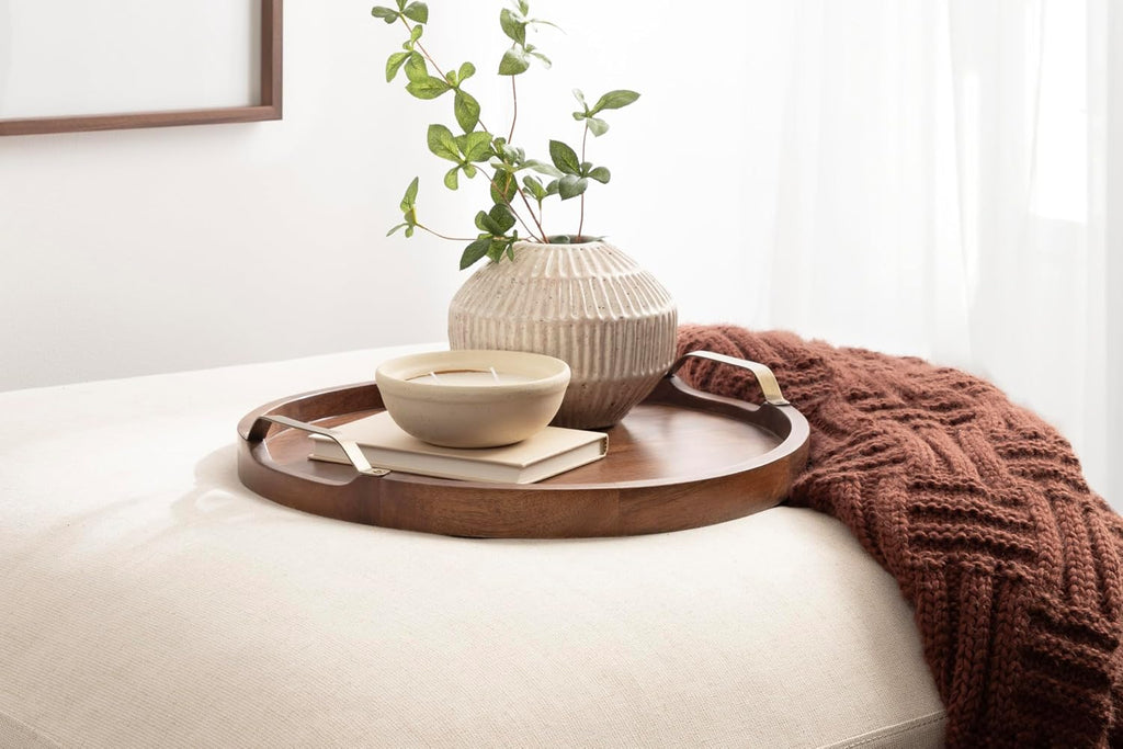 Farson Modern Decorative Wood Round Ottoman Tray with Handles, 18 Inch Diameter, Walnut Brown and Antique Brass