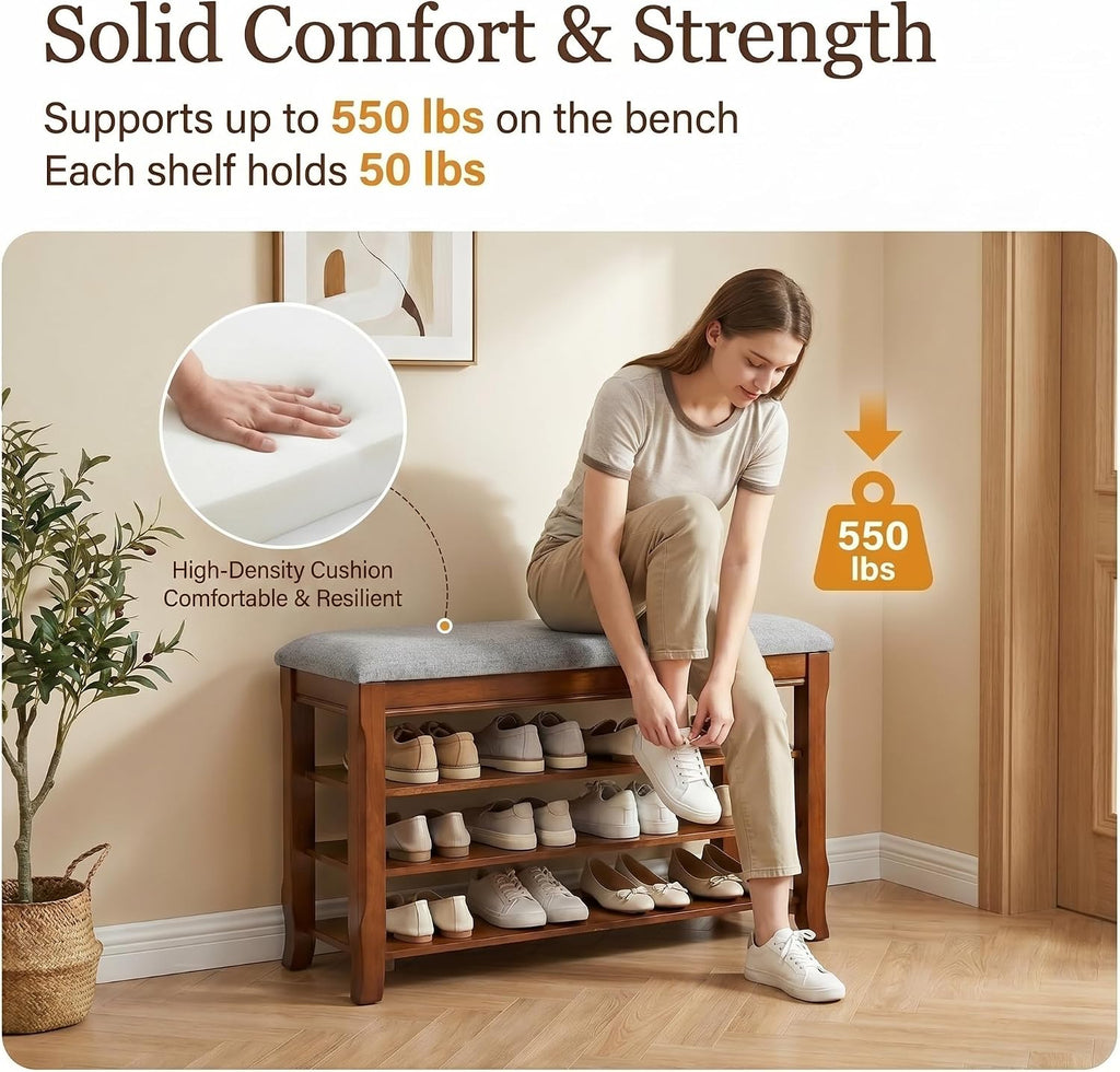Solid Wood Shoe Rack Bench with Storage, Flip-Top Soft-Close Lid, 31.5" | 550 lbs Max Load, Adjustable Shelves