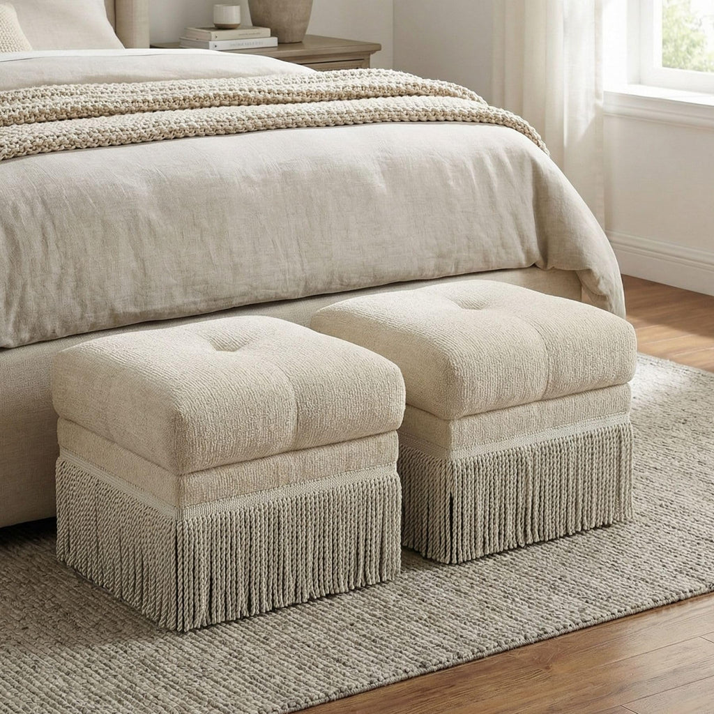 Upholstered Ottoman Footstool with Fringe Skirt, 21.5" Square