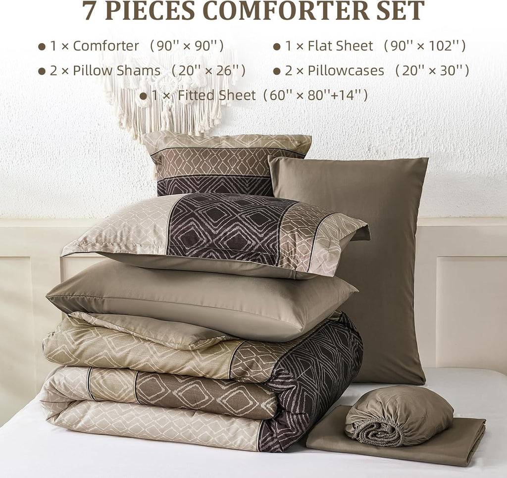 Boho Comforter Set Light Brown,7 Piece Bed in a Bag Warm Striped Bedding Sets with Plaid Fall