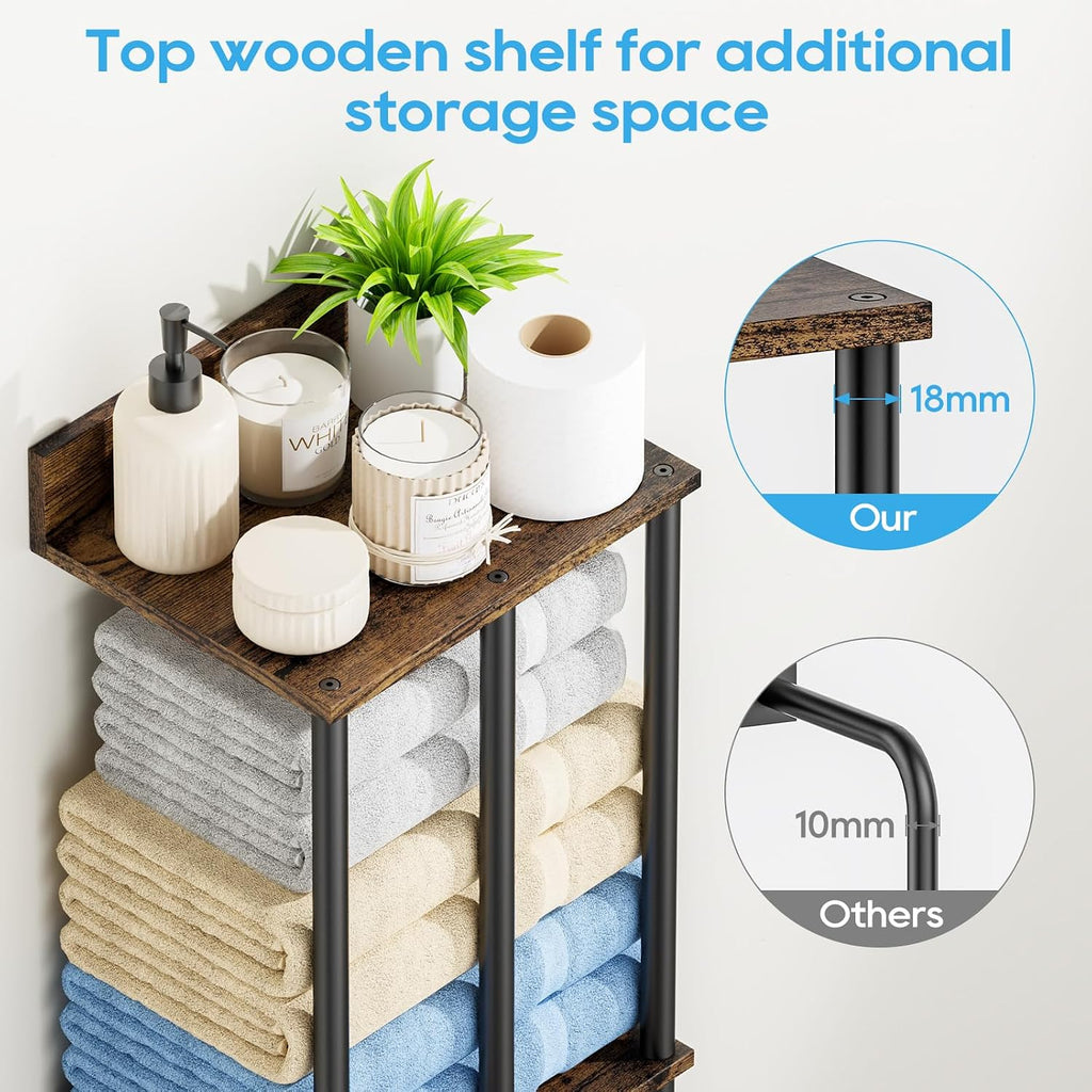 Towel Racks Wall Mounted with Wooden Storage Shelf | Updated 3 Bar Metal Towel Holder for Rolled Towels, Sturdy and