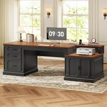 Farmhouse 70.9" Executive Desk, Home Office Desk with File Drawers and Storage Cabinet