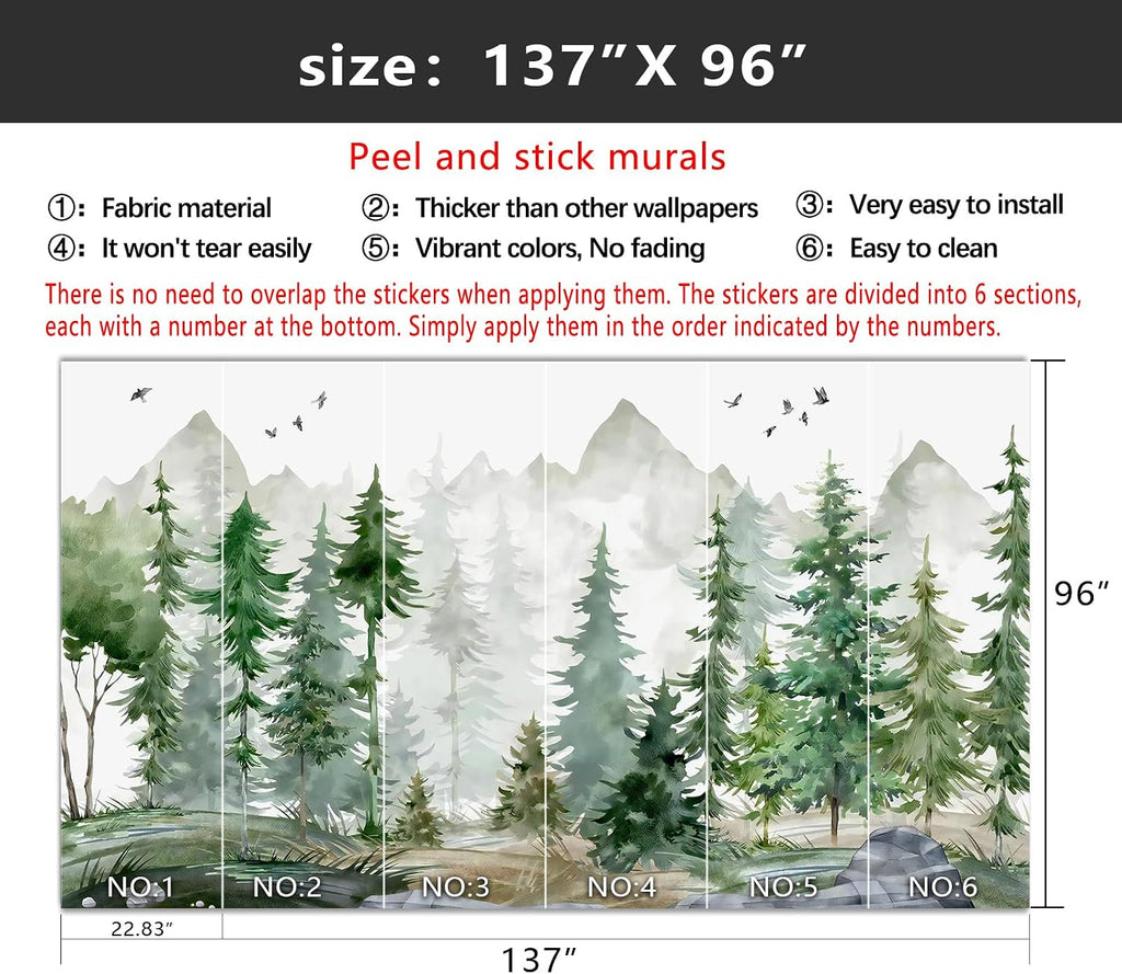 Peel and Stick Nursery Forest Wallpaper Watercolor Pine Tree Mural | Tear-resistant,with a substantial feel;Will not
