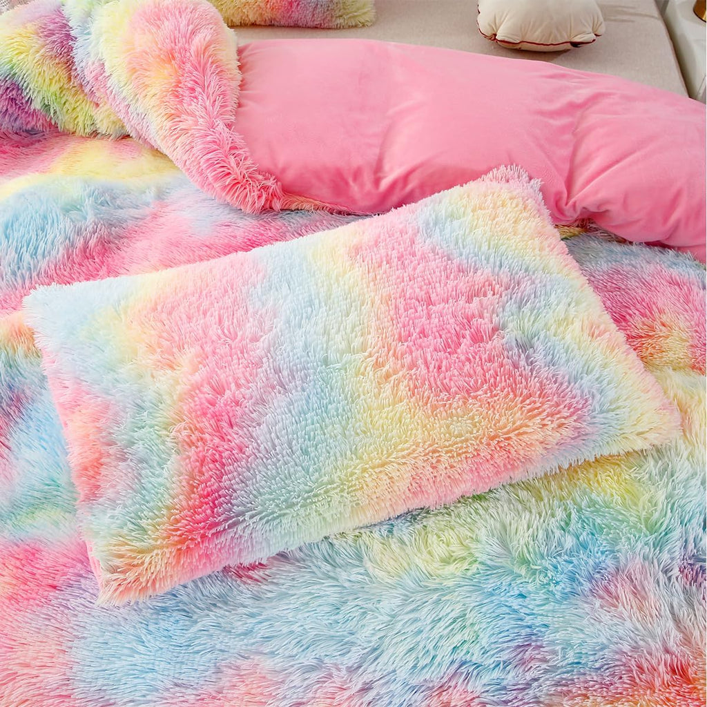 Pink Plush Shaggy Bedding Sets 3 Piece Fluffy Faux Fur Girls Comforter Set Soft Tie Dye Velvet Furry Rainbow