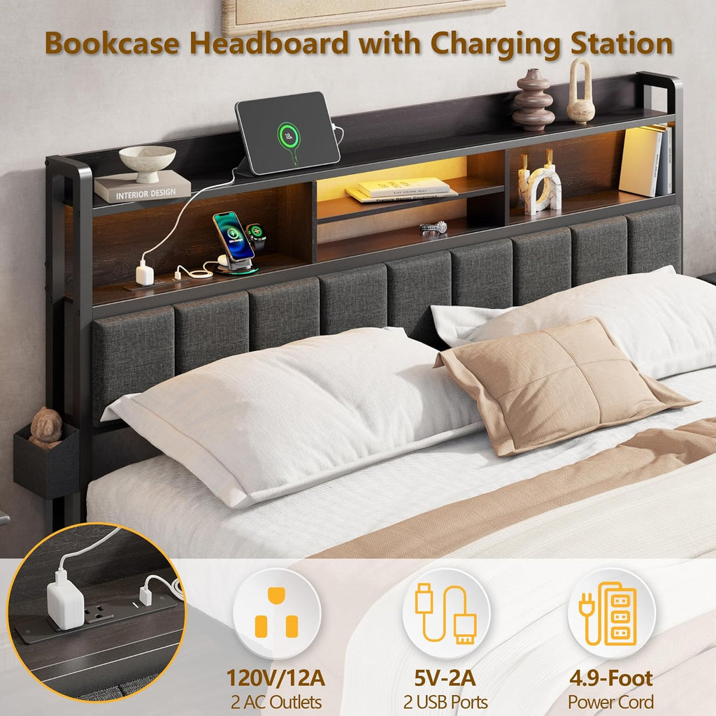 Queen Bed Frame with Storage Drawers, Upholstered Headboard with LED Light & Charging Station