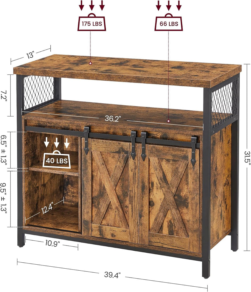 Buffet Cabinet, Coffee Bar Storage Cabinet, Sideboard with 2 Sliding Barn Doors, Adjustable Shelves, 13 x 39.4 x 31.5