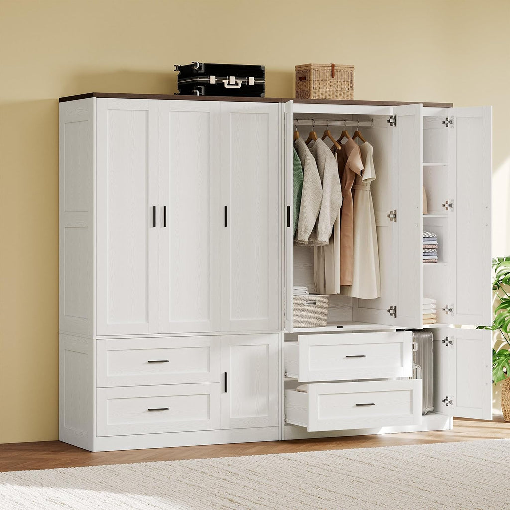 3-Door Armoire Wardrobe Closet with 2 Drawers and Shelves, White | Modern Farmhouse Style / Hanging Rod / Adjustable