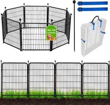 48 in(H) Garden Fence Panels, 8 Panels Total 17.7 Ft(L), Heavy Duty Iron Metal Animal Barrier Fence, Fencing for