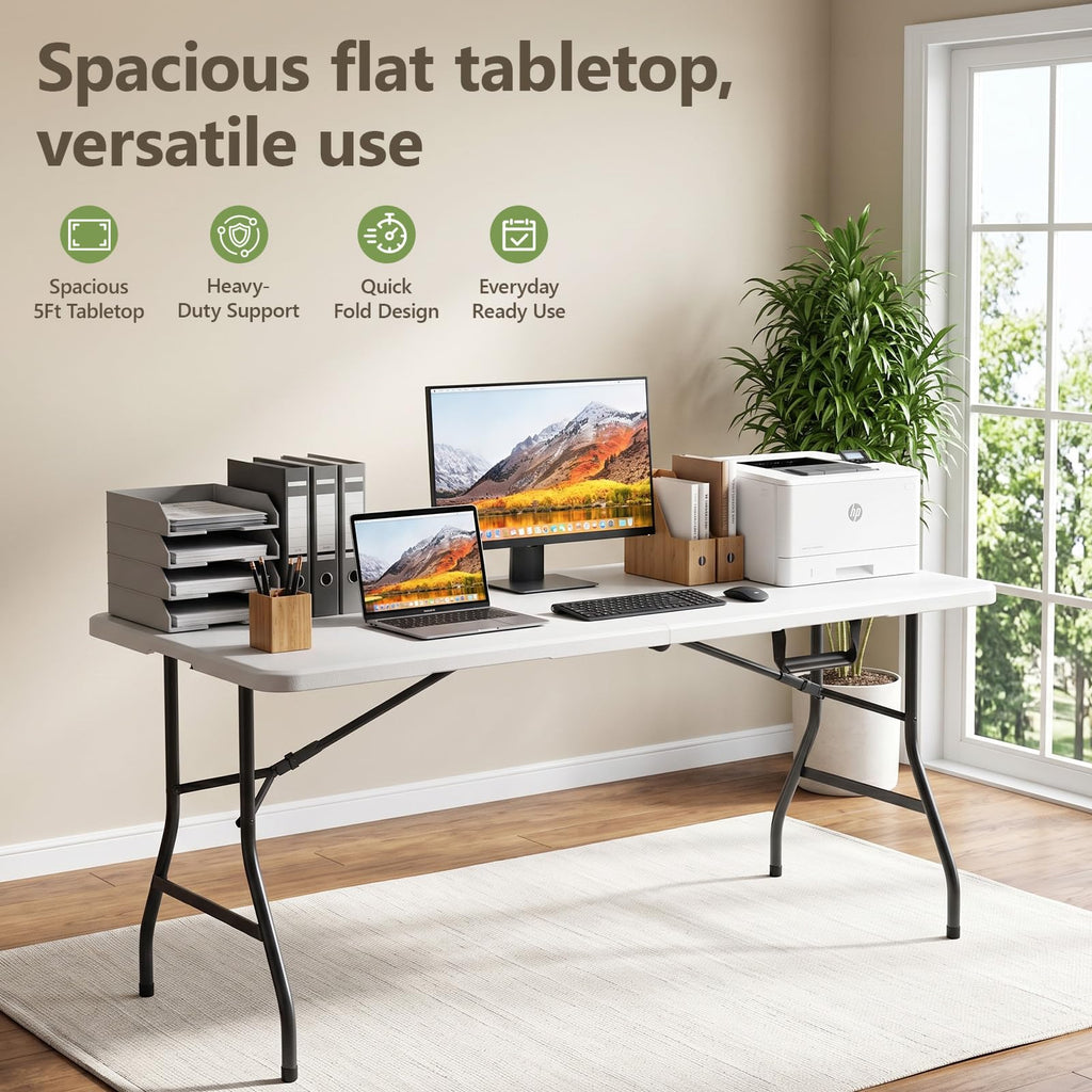 5FT Folding Table and Chairs Set for 4, Heavy Duty Fold-in-Half Plastic Dining Table with Carry Handle & 4 Folding