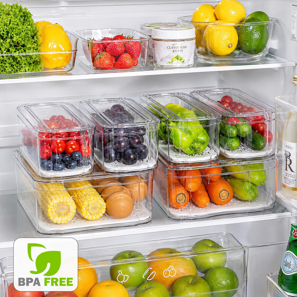 10 Pack Clear Fridge Organizer Bins with Drain Trays - Stackable
