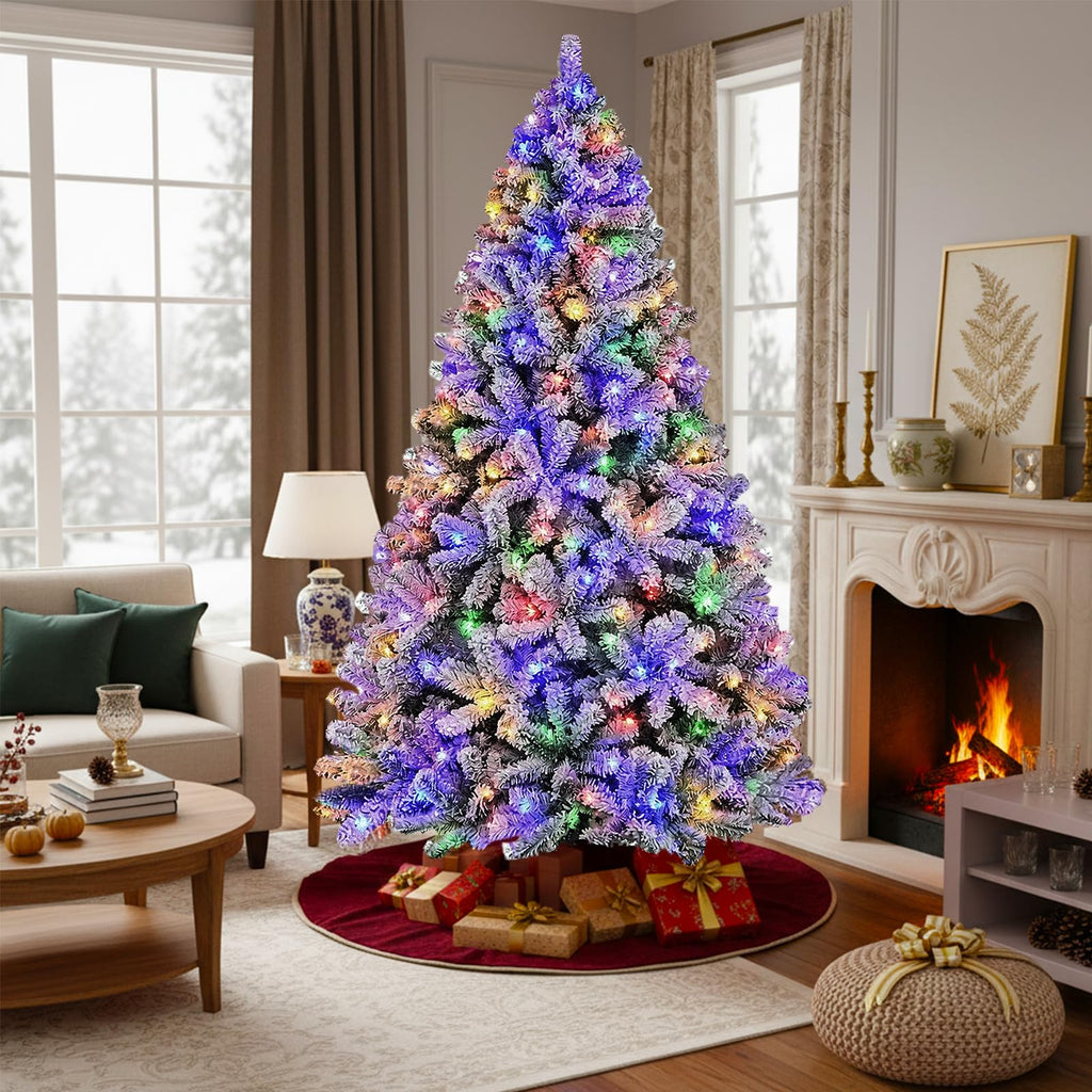 7.5FT Pre-lit Snow Flocked Christmas Tree with Remote Control, Convenient Foot Switch, 9 Modes 450 Multicolor LED