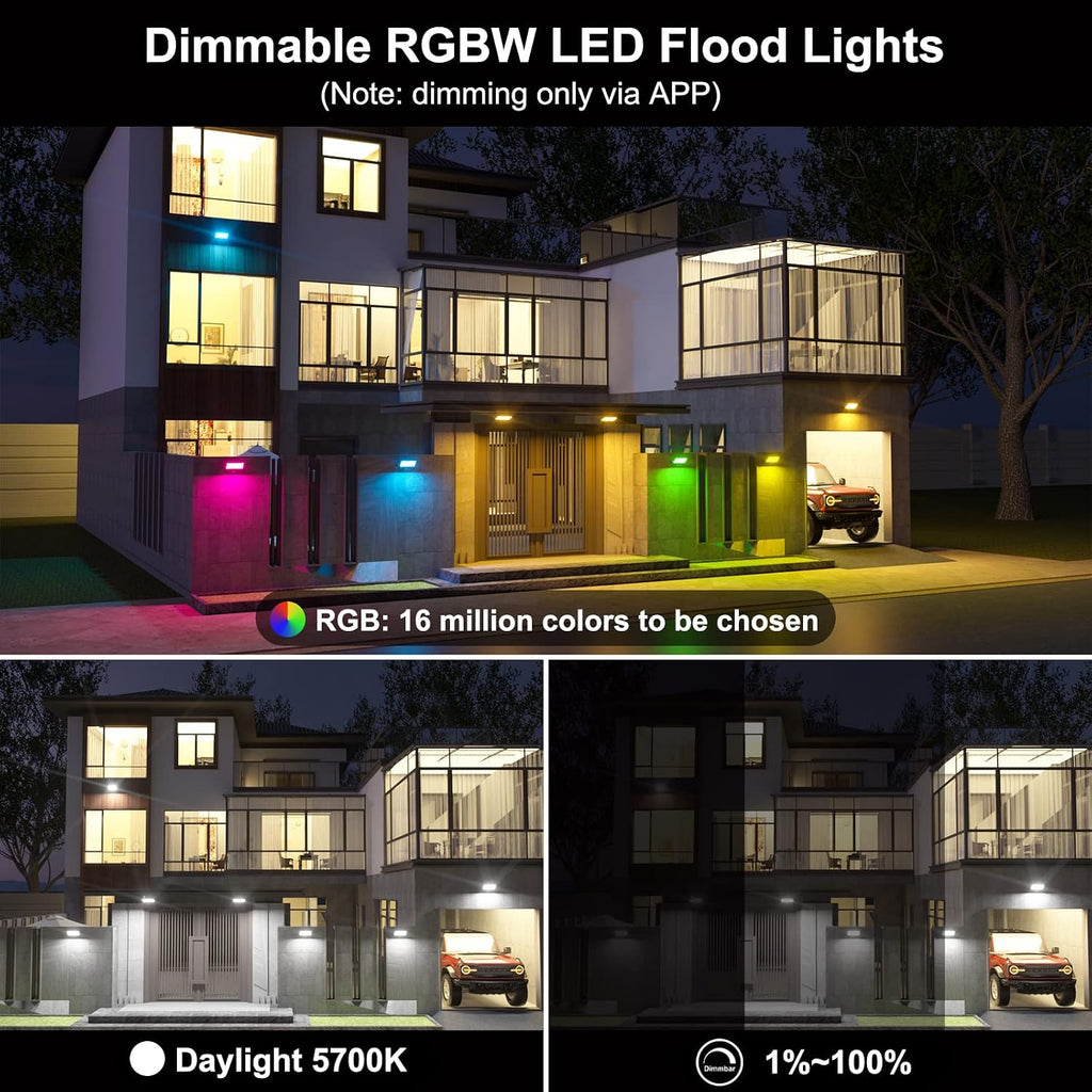 Flood Lights Outdoor RGB, 500W Equivalent Smart Color Change & Daylight 5700K Landscape Light, IP66 Waterproof Patio