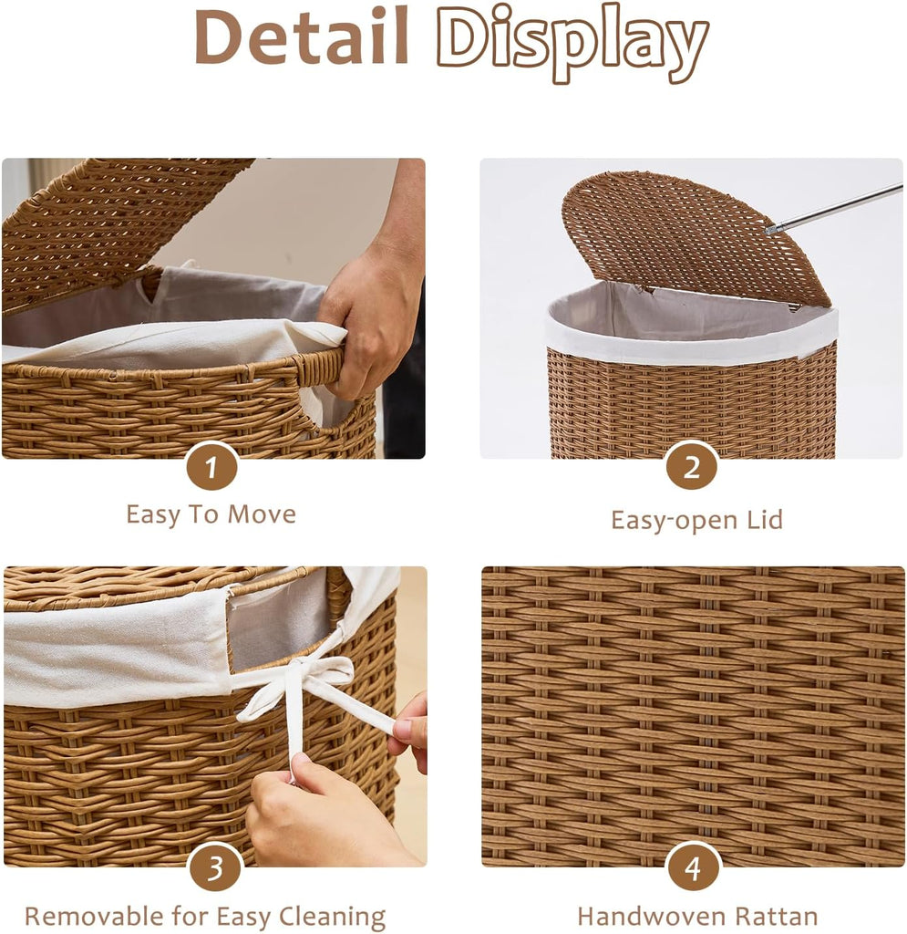 Wicker Half Moon Laundry Basket with Lid and 2 Replaceable Liner Bags, Handwoven Rattan Hamper for Dirty Clothes