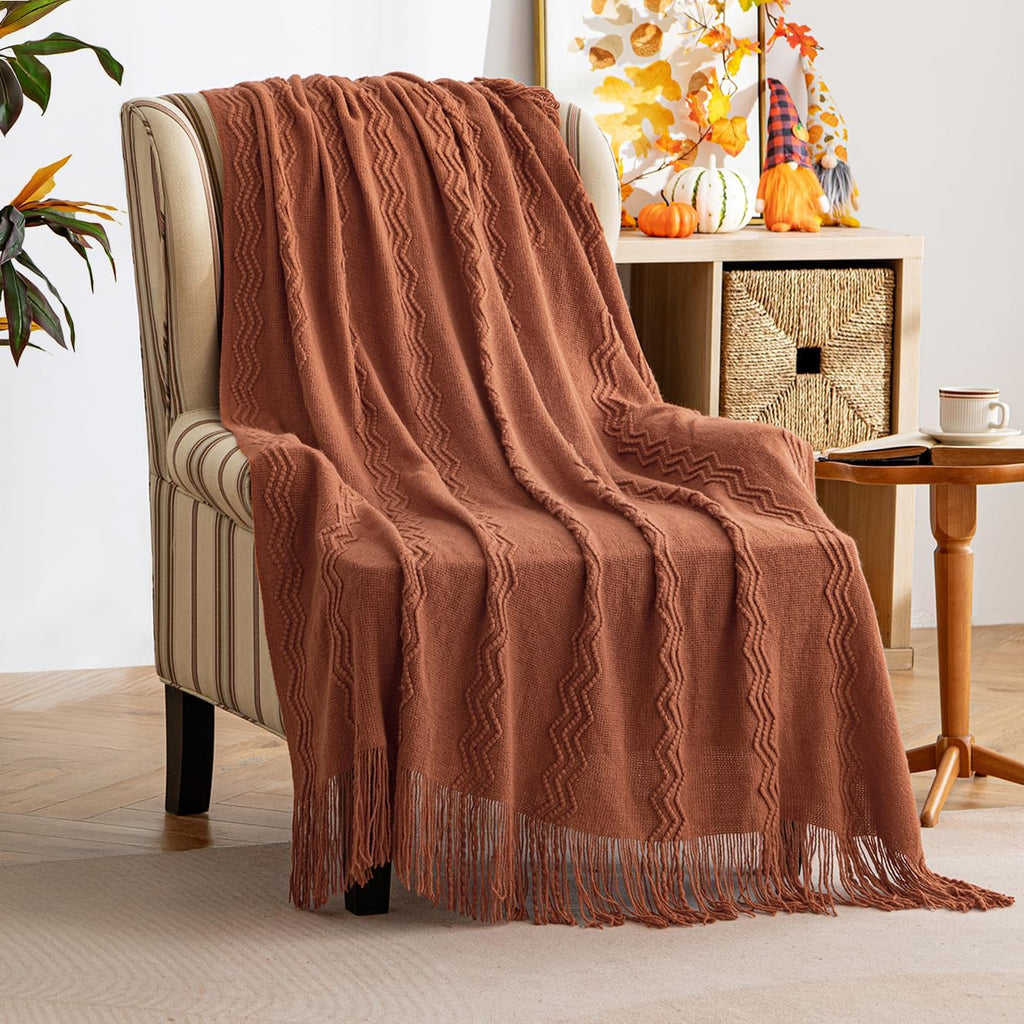 Knitted Boho Throw Blanket, Orange