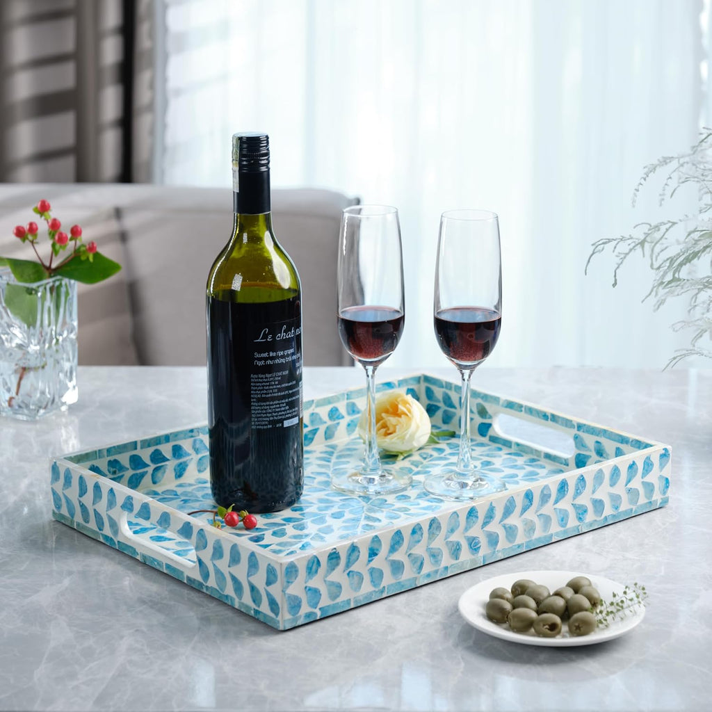 Rectangular Mother of Pearl Serving Tray Nacre Wood Lap Ottoman Tray for Coffee Table, Luxury Decorative Eating