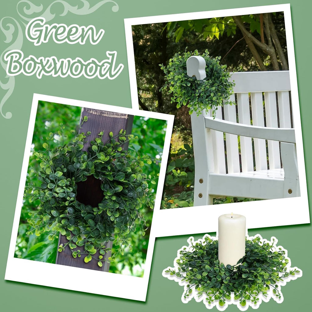 Spring Summer Candle Rings Green Boxwood Wreaths 3 Inch Green Boxwood Candle Rings Pillars Kitchen Cabinet - Set of 4